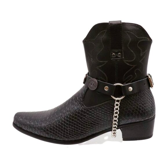 NEW Men Biker Boot Silver Chain Faux Leather 2 Straps Shotgun Bullet Shell Charm - Picture 5 of 16